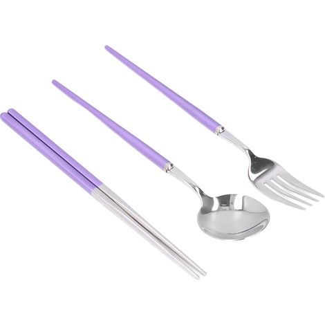 Wiederverwendbares Edelstahlbesteck, Löffel, Gabel, Essstäbchen, tragbares Reisebesteck aus Metall, lila und silber (1/5)