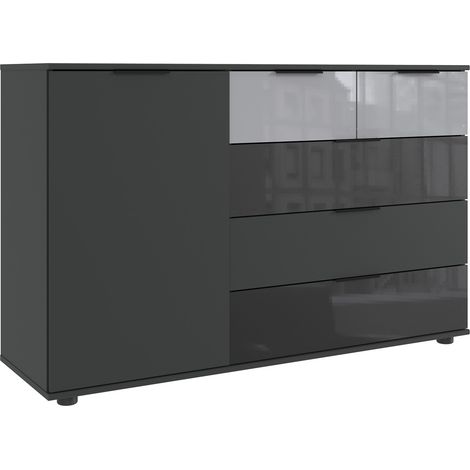Commode buffet, meuble de rangement coloris Graphite, rechampis et verre coloris noir - Longueur 130 x Hauteur 83 x Profondeur 41 cm -PEGANE-
