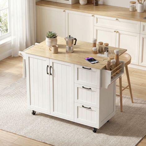 Îlot Central Cuisine Plateau Rabattable, 2 Prises et 2 Ports USB, Roulettes, 3 Tiroirs, Blanc (1/5)