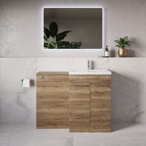 Napoli 390 Tobacco Oak 1100mm 2 Door Vanity Unit Toilet Suite with Glide Basin - 1100mm - Chrome 160mm HandleWithout Kingston Toilet Pan