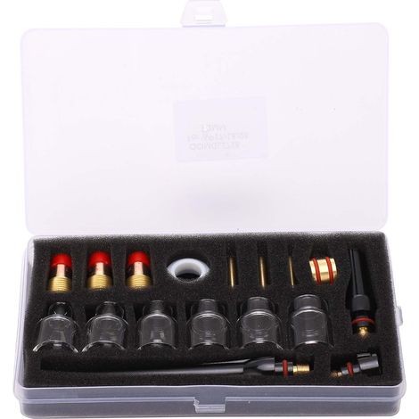Kit de soudage comprenant une torche, une buse en verre, un tube de torche, une pince à électrode en tungstène, une bague en silicone et des accessoires de soudage. (1/5)