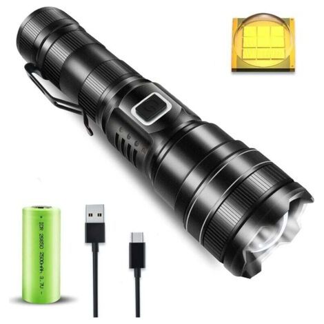 Extrem leistungsstarke XHP90 Taschenlampe - Typ-C-Kabel - IP67 wasserdicht - 5 Modi - für Camping, Jagd, Notfälle (26650 Akku)