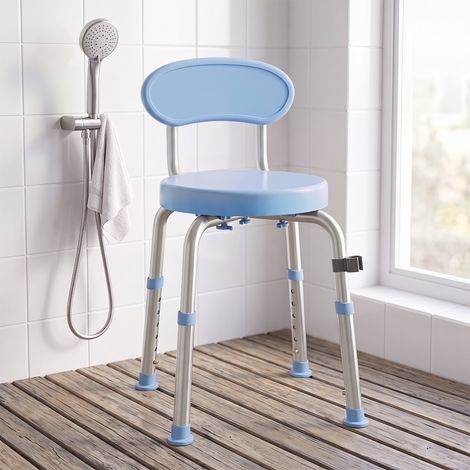 Tabouret de Douche Ronde Pivotant 360°, Hauteur Réglable, Dossier, Pieds Antidérapants, 38,5x37,5x75cm, Bleu Clair