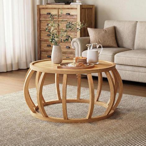 Tribesigns Solid Wood Coffee Table, 31.5-Inch Round Center Table with Curved Frame Base for Living Room, Easy Assembly, Natural (1/5)