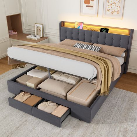 Cama tapizada 180x200 cm con cajones, USB y LED HAVRYA (1/5)