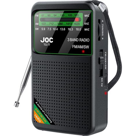 Radio portátil: una radio digital que puede funcionar con corriente eléctrica o pilas, radio SW/AM/FM con altavoces estéreo y conector para auriculares, color negro.