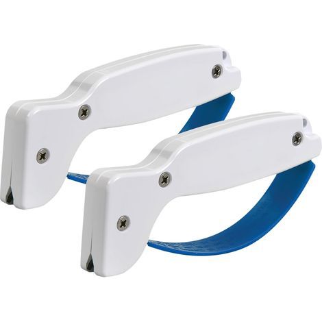 Affûteur en deux parties avec poignée ergonomique confortable, compact et facile à utiliser, pour réparer et affûter les couteaux à lame droite et dentelée, blanc et bleu. (1/4)