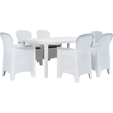 7-tlg. Garten-Essgruppe Kunststoff Weiß Rattan-Optik
