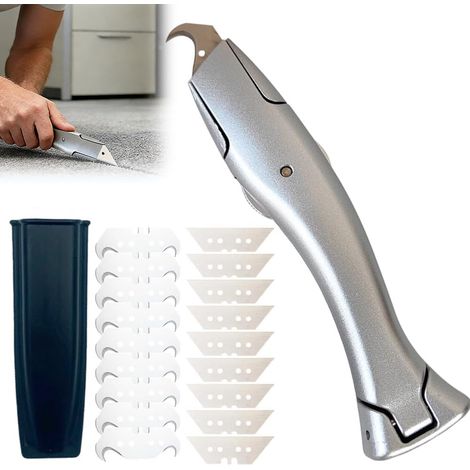 Taglierina professionale per tappeti con 10 lame trapezoidali e 10 lame a uncino piccole, set di coltelli professionali per tappeti, set di coltelli a uncino, per il taglio di pavimenti in PVC (1/5)