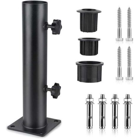 Pied Parasol, Tube de Parasol, Support Parasol Metal Réglable avec 3 Anneaux de Réduction en PVC (32/38/48mm), Tube pour Pied de Parasol avec 8 Clous en Acier, Noir
