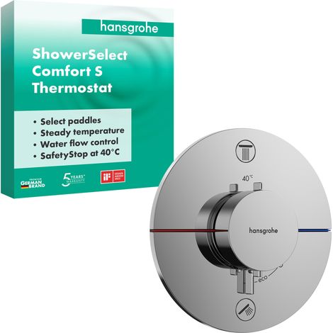 Mitigeur thermostatique, Robinet encastré avec arrêt de sécurité à 40°C, Thermostat rond, 2 sorties, Chromé (1/5)