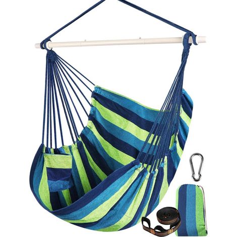 Fauteuil suspendu hamac rayé bleu et vert 130x100cm (1/5)