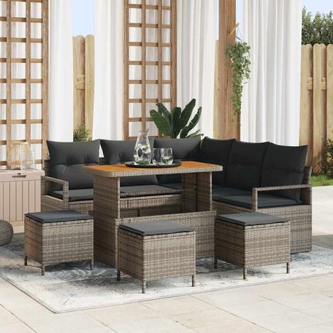 Salon de Jardin Modulable en Résine Tressée et Bois d'Acacia Gris avec Rangements - 9 Pcs - PANGIVO (1/5)