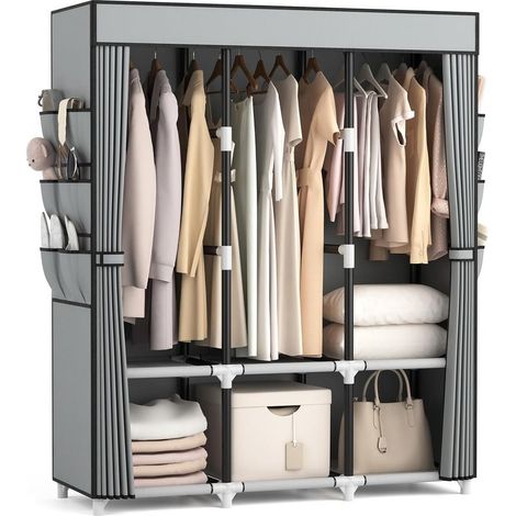 Armoire en Tissu, Wardrobe Armoire Chambre avec 3 tiges de Suspension, 6 étagères de Rangement et Poches latérales, Tube métal de 19 mm, Dressing Garde Robe Adulte pour Chambre à Coucher Gris (1/5)