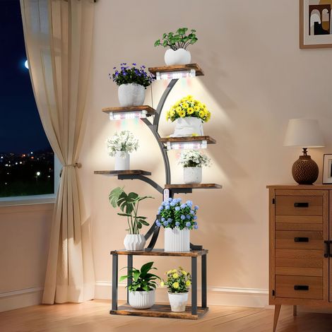 Large Tree-shaped Plant Stand with Grow Lights Metal Plant Flower Display Shelf (1/5)