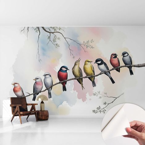 Tapete Selbstklebend - abwaschbar - trendige Wanddeko - elegant Fototapete Vögel auf einem Ast 416x254 cm (1/5)