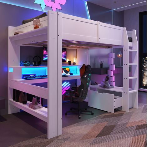 Cama alta juvenil con escritorio LED y almacenaje OKMYHOME (1/5)