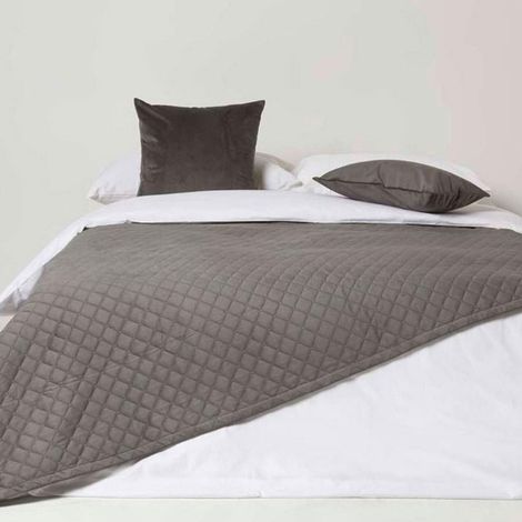 HOMESCAPES Diamond Quilted Grey Velvet Throw