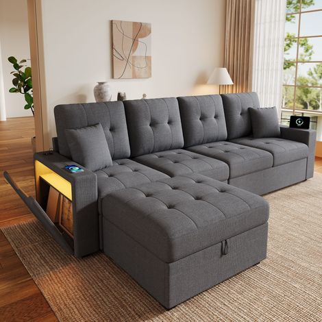 Canapé d'angle L modulable avec pouf coffre repositionnable, rangement double accoudoir, ports de charge et LED (1/5)