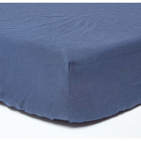 HOMESCAPES Navy Blue Linen Deep Fitted Sheet, Single - Blue (1/5)