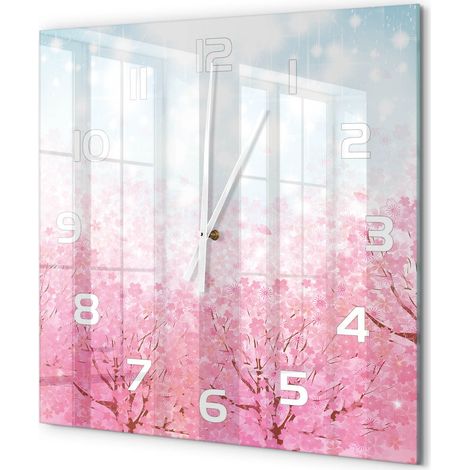 Grande Horloge Murale Carrée Décoration Cuisine en Verre Trempé Silencieuse Moderne Fleurs de cerisier 60x60 cm (1/5)