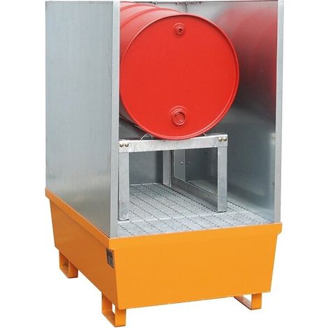 Auffangwanne Typ AS für 1 200-Liter Fass mit Fassauflage und Spritzschutzwand