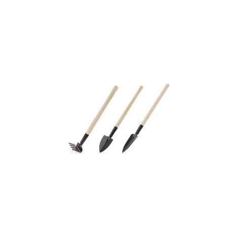Set aus 3 Mini-Schaufeln und Rechen, Gartengeräte für die Topfpflanzenpflege, Holzgriff und Metallkopf, Erdschaufel. Gartenbedarf. - Crezuo