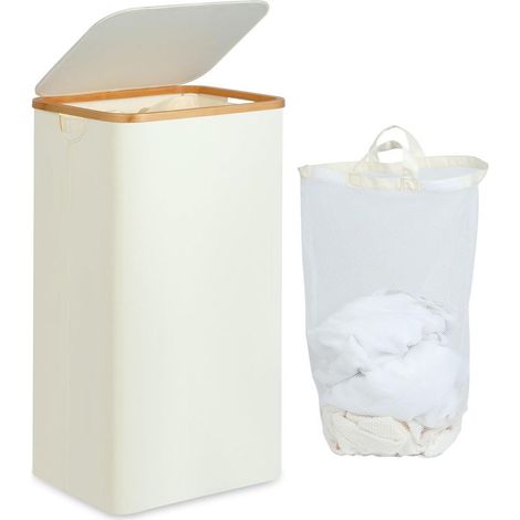 Cesto de ropa grande con tapa, cesto de ropa sucia grande de 100 L con asas de bambú para ropa, cesto de ropa plegable, plegable XXL grande con bolsa interior, beige (1/5)
