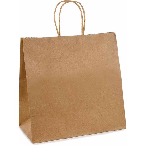 Sacchetti / buste grandi quadrate in carta kraft riciclata e manici ritorti, set da 50 pezzi, cm 28 x 15 x 28 H