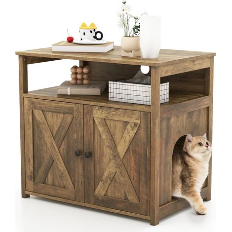 COSTWAY Cat Litter Box Enclosure Cat Litter Box Furniture Hidden w/Doors (1/5)