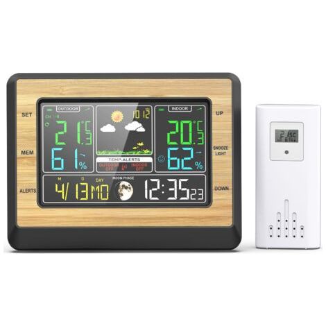 Station Météo LCD Écran 6 Pouces Interieur Exterieur Sans Fil,Alarme de Température/Humidité, Réveil Snooze,un Capteur, Convient pour Bureau, Chambre de Bébé,Jaune (1/5)