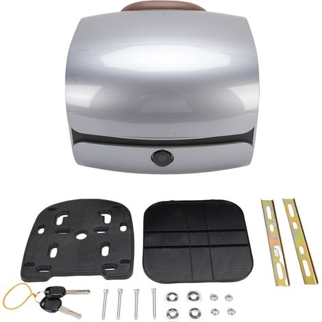 Coffre arrière de moto ABS, capacité de 32l, coffre arrière résistant à la pluie, fixation rétractable et mécanisme d'attache de sécurité avec serrure pour le cyclisme, gris argenté (1/5)
