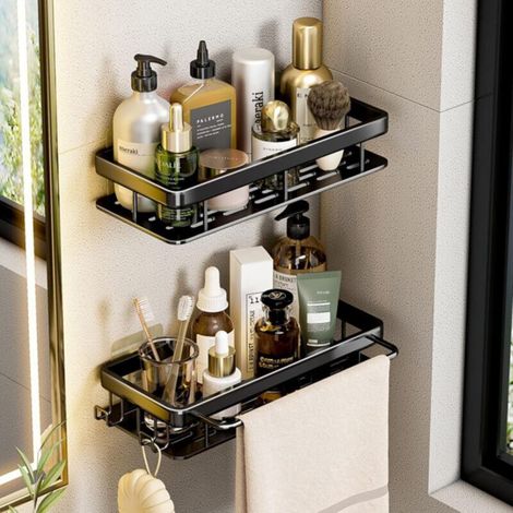 2 Bathroom Shelves with 1 Towel Rack and 2 Hooks, Shower Caddy, No-Drill Shower Caddy, Bathroom Accessories, Shower Holder, Shower Caddy, Shower Caddy (1/5)