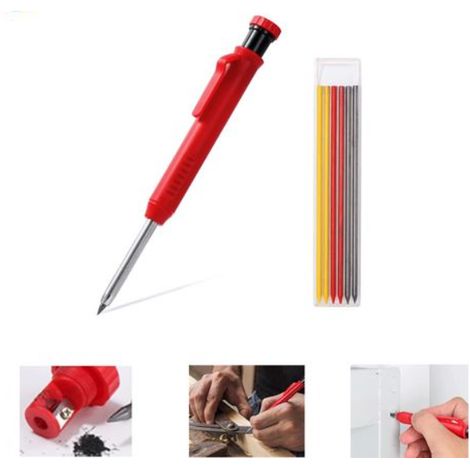 Crayon charpentier, 7 coups – pointe allongée pour marquage de précision – couteau de coupe intégré – compatible verre, métal, bois (1/5)