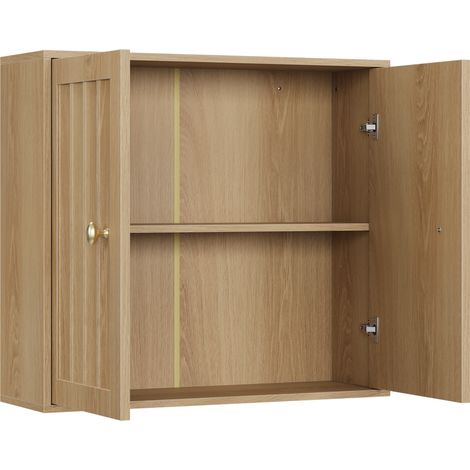 Armoire murale salle de bain à 2 portes en MDF et panneau aggloméré, design rainuré vertical, finition chêne (1/5)