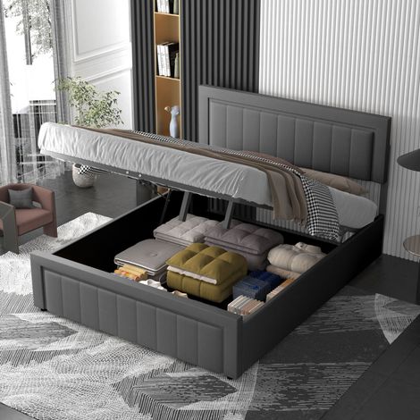 Letto contemporaneo con contenitore 140x190cm in velluto grigio NASHVILLE