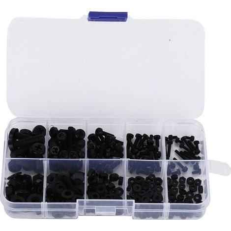 270 pièces/boîte, assortiment de vis, écrous et rondelles en nylon M2/M2,5/M3/M4/M5, fixations métalliques, noir (1/5)