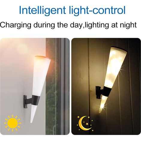 2 Pack Applique Murale Solaire Exterieur Decoration Lampe Solaire Exterieure Jardin lumiere Terrasse Lumière Blanche Chaude Led Aplique Mural Extérieur [Classe énergétique A++] (1/4)
