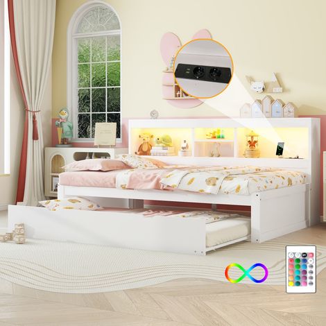 Lit gigogne 90x200 cm, avec lit gigogne, éclairage d'ambiance LED télécommandé, rangement chevet, prise + USB, convient aux adultes et adolescents - Blanc (1/5)