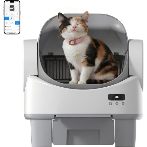 Lettiera per gatti autopulente con design aperto - Lettiera per gatti autopulente con controllo APP, sensori di sicurezza, per gatti fino a 13 kg, con tappetino e sgabello (1/5)