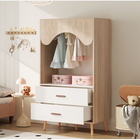 Armadio aperto per bambini 80x46x141.5 cm bianco e legno naturale in MDF con 2 cassetti e barra appendiabiti (1/5)