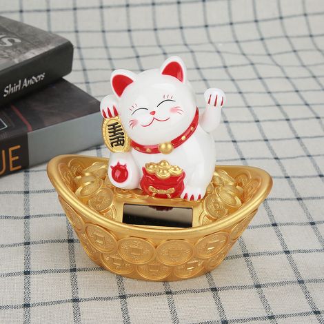 Chat porte-bonheur solaire mignon de dessin animé faisant coucou de bienvenue, décoration pour la maison, le restaurant ou le magasin (blanc). (1/5)