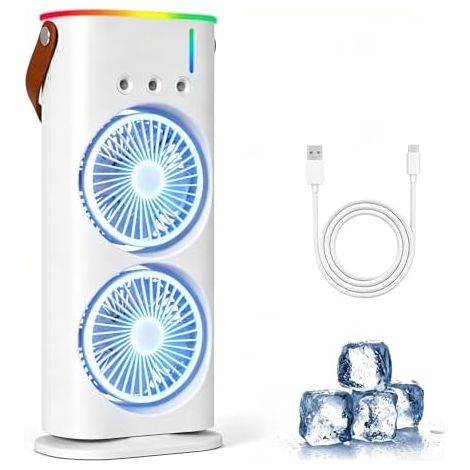 Mobile Klimaanlage 4 in 1, Luftkühler Ventilator USB, Mini Klimagerät mit 280ml Wassetank, Luftbefeuchter, LED -Licht, 3 Geschwindigkeiten, 3 Nebelmodi, Luftreiniger für Hause, Büro, Reisen (1/5)