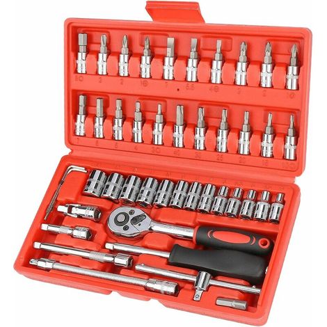 46 pcs Socket Set Repair Tool, 1/4-Inch Wrench Ratchet Drive Kit Sets Auto Repair Combination Portable Mixed Tool Set Hand Kit with Plastic Toolbox Storage Case Suitable for Bicycles, Cars (1/5)