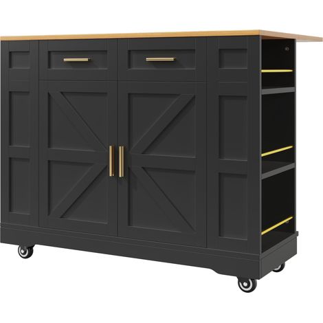 ELVMI Isola da Cucina con 2 Cassetti e Ripiani Fissi e Piano Ribaltabile per Cucina in MDF Nero (1/4)