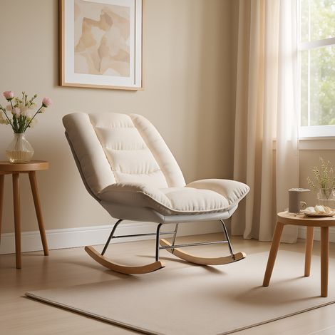 Schaukelstuhl mit Berbervliesoptik, Schaukelsessel mit verstellbarer Rückenlehne, Gepolsterter Sessel, für Wohnzimmer, Garten und Terrasse, Leinen Beige und Grau , 77 x 90 x 92 cm (1/5)
