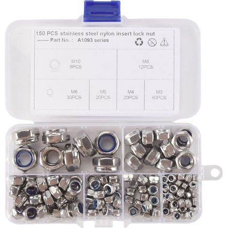 150 pièces kit écrous blocage inox 304 avec insert nylon hexagonaux assortis (1/5)
