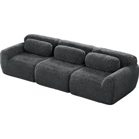 Canapé bas 3 places, tissu peluche premium, modulaire, base antidérapante, sans montage, avec coussins. Soutien ergonomique, mousse à haute élasticité, adapté au salon, gris (1/5)