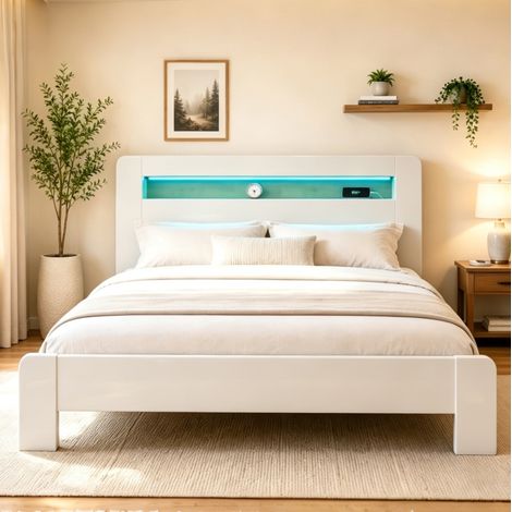Letto matrimoniale 180x200 cm in legno bianco con LED e vano portaoggetti, senza materasso- FLORAGRACE (1/5)