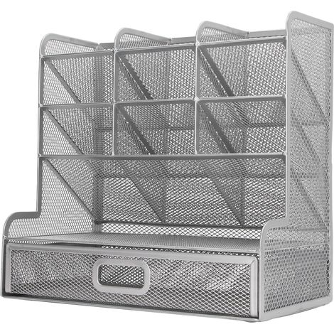 Netz-Stiftehalter mit 9 Fächern und 1 ausziehbarer Schublade, aufrecht, aus Eisen, multifunktionaler Stifthalter für Lineale, silberfarben (1/5)